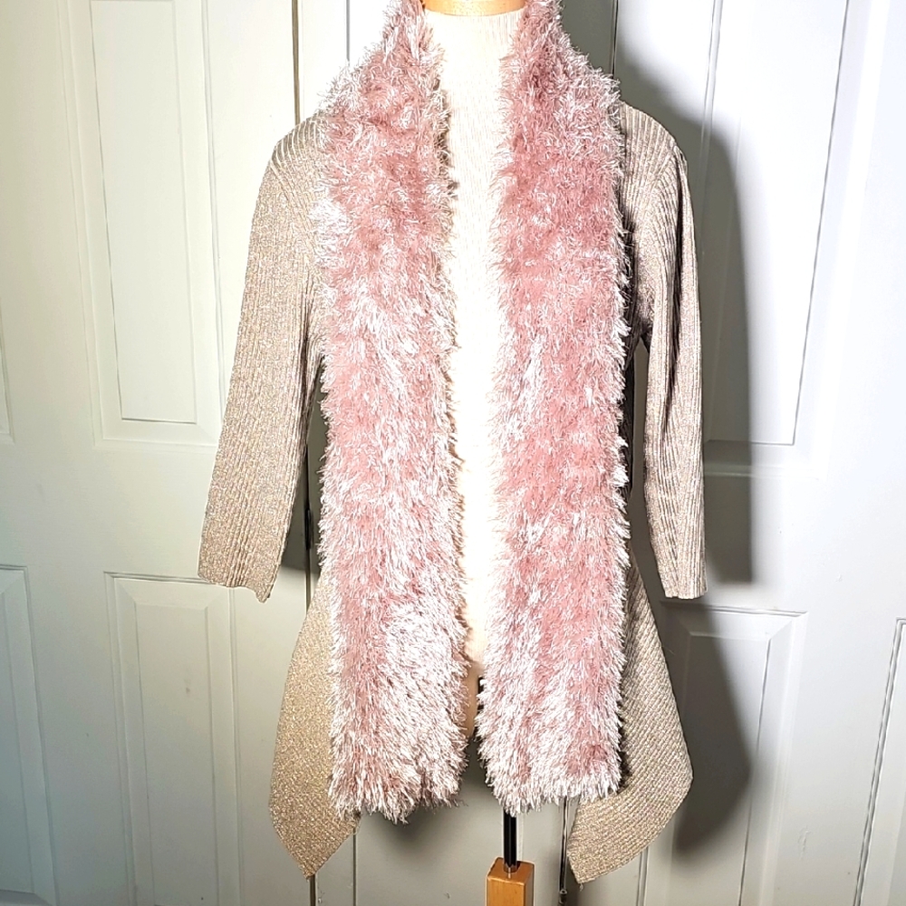 Pink Fuzzy Trim With Beige Cardigan. Size Latge. Metalic Threads.